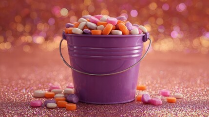 Overflowing with a Variety of Colorful Candies in a Charming Purple Miniature Bucket Perfect for Brightening Up Any Event or Celebration