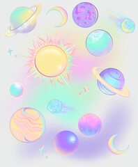 Cosmos seamless pattern handdrawn planets and stars. Colourfully pastel colours celestial art.  