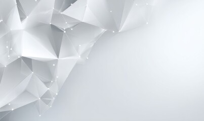 Abstract 3D polygonal network graphic. Light gray triangular shapes and connecting points, forming a complex structure, with a prominent white background