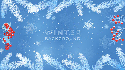 Winter background with snowflakes, realistic fir branches, red rowan berries and viburnum. Vector illustration. Not AI-generated. © i_mARTy