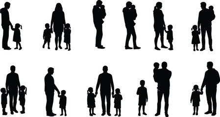 Family silhouette vector, adult and child interactions, emotional parenting pack, black icon set, bonding gesture artwork, caring figures illustrations
