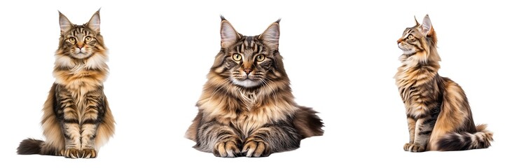 Obraz premium Maine Coon Cat Set Isolated on Transparent Background. PNG. 