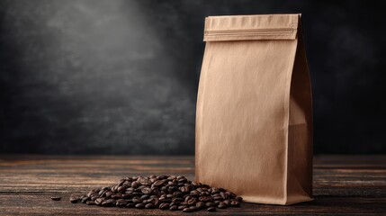 Freshly Roasted Coffee Beans Arranged Next to a Standing Pouch on a Rustic Wooden Table Displaying the Rich Aroma and Flavor of Coffee