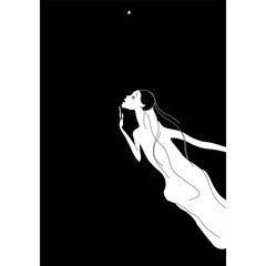 Flying girl dreaming about lonely star. Creative fine art. Fantastic character. Black and white silhouette.