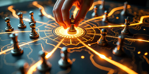 Strategic business concept showing reflective gold pawns at key intersections with human hand reaching to make a move, representing decision-making, leadership, and organizational planning