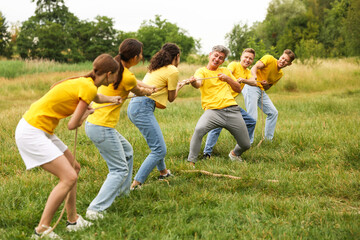Fototapeta premium Team building. Group of happy people playing tug of war with rope outdoors