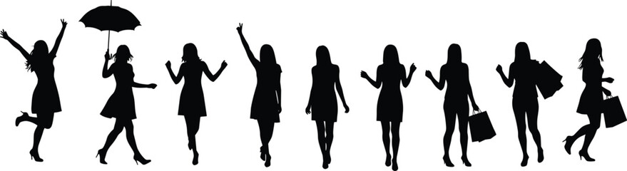 Fashion silhouettes, female movement, urban lifestyle, graceful poses, shopping scene, umbrella moment, trendy style, modern activity, walking gesture, expressive action, black artwork, energetic vibe
