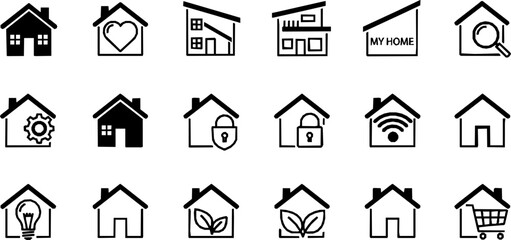 Fototapeta premium Flat style house symbols for apps and websites on a white background, including a home icon collection and real estate house icons set, available as a vector