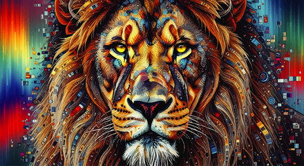 Vibrant, colorful portrait of a lion's head, with abstract background.