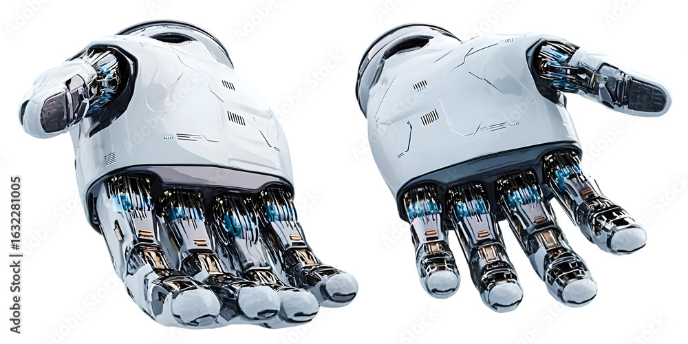 Poster futuristic robotic hands showcasing advanced technology with intricate designs. ideal for concepts o