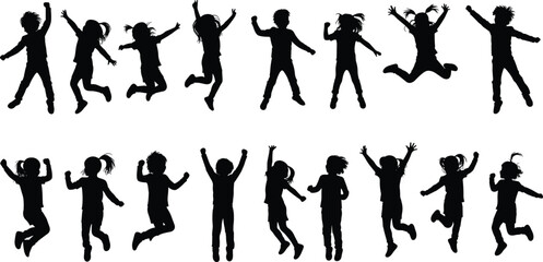 Jumping children silhouette pack, playful kid vector set, black figure icons, expressive motion poses, joyful activity artwork, energetic gesture design