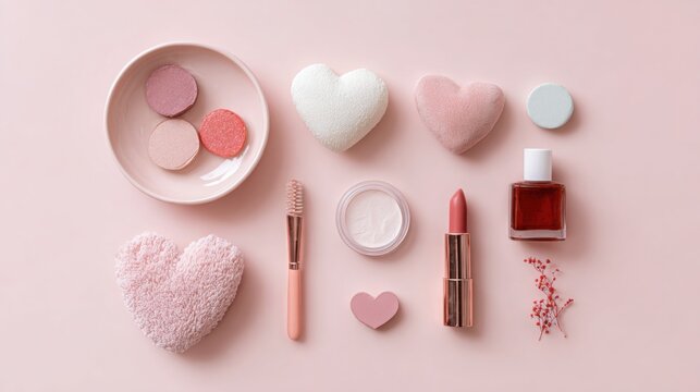 Flat lay of beauty products and heart shaped items on pink