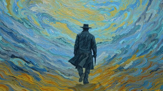 An old school gunslinger walks toward entire scene looks painting swirling skies, thick impasto brush textures, vibrant yellows blues, surreal motion high fantasy oil painting animation 4k video
