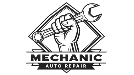 Obraz premium Mechanic auto repair service hand holding wrench logo design for automotive maintenance and vehicle fixing needs