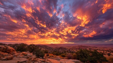 Fototapeta premium Fiery sunset clouds over desert landscape