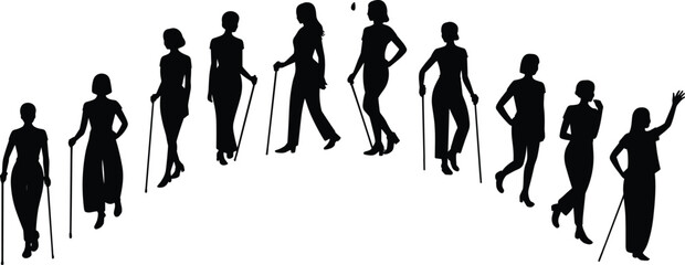 Silhouette of blind or visually impaired women using white canes, independent walking, disability awareness, mobility, inclusion, empowerment pose