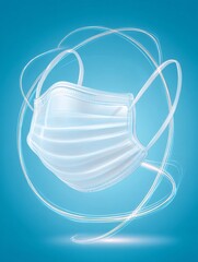 stylized illustration of a medical face mask gently floating in a pristine, sterile environment, with subtle glowing lines radiating from it, symbolizing clean air and breathability. This conveys 