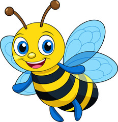  Cute cartoon bee flying happily with big blue eyes and transparent wings.