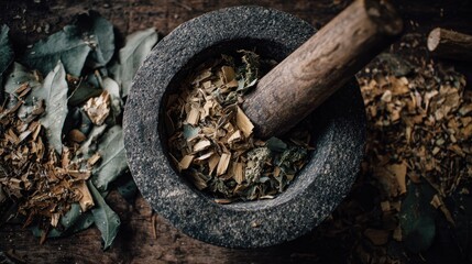 Fototapeta premium Dried herbs in a stone mortar and pestle