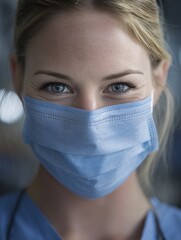 of a healthcare professional wearing a medical face mask, with only their compassionate eyes visible above the mask. The focus is on dedicated care and the human element in medicine. close-up, 
