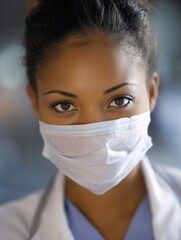 of a healthcare professional wearing a medical face mask, with only their compassionate eyes visible above the mask. The focus is on dedicated care and the human element in medicine. close-up, 