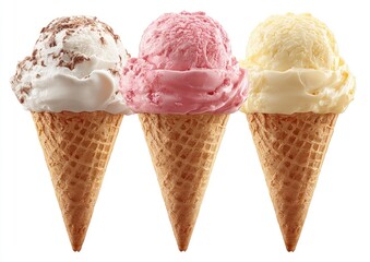 Three ice cream cones, vanilla, strawberry, and chocolate, on a white background