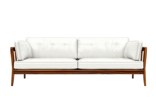 A white sofa with wooden frame, simple and modern