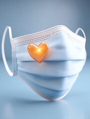 stylized image of a medical face mask with a small, glowing heart icon embedded on its surface, symbolizing care, community protection, and empathy. This highlights the social aspect of wearing 
