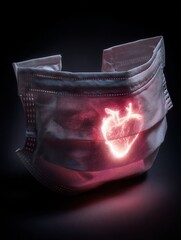 stylized image of a medical face mask with a small, glowing heart icon embedded on its surface, symbolizing care, community protection, and empathy. This highlights the social aspect of wearing 
