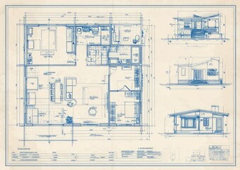 Blueprint of a mid-century modern house, showing floor plan, interior, and exterior elevations