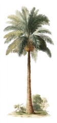 Fototapeta premium Tall palm tree illustration. Detailed watercolor style depiction of a tall palm tree with light green and tan colored fronds. 