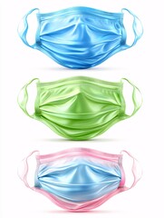 stack of three colorful medical masks in a flat lay composition, top-down view, with realistic fabric texture and isolated on a white canvas. mask stack, colorful masks, flat lay, vector texture, 