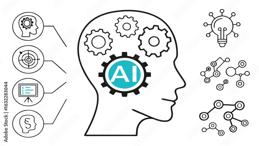 Poster ai artificial intelligence machine learning deep learning concept with gears and human head silhouet
