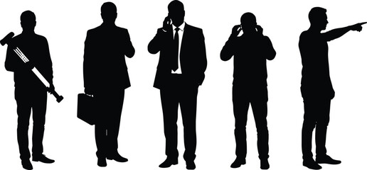 Silhouettes of diverse people with wrench, smartphones, briefcase, expressive poses, suits—isolated vector for modern work, lifestyle, communication