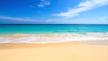 Idyllic tropical beach landscape with turquoise water and golden sand under sunny sky