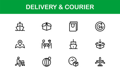 Delivery and Courier Line Icon Collection – Unique, clean, and creative icons illustrating transportation, package handling, and courier solutions