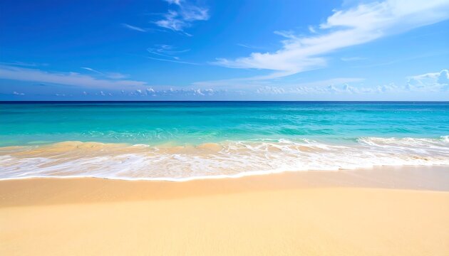 Idyllic tropical beach landscape with turquoise water and golden sand under sunny sky