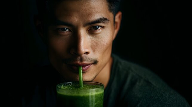 Asian man drinking a detox green smoothie with focused intensity