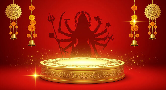 Goddess durga silhouette in in the red background, symbolizing strength and power, with a golden pedestal and beautiful decorations.