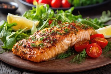 Baked salmon fillet with dill, cherry tomatoes, and fresh green salad on wooden plate, perfect for healthy recipes, restaurant menus, or culinary content