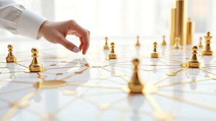 Strategic business concept showing reflective gold pawns at key intersections with human hand reaching to make a move, representing decision-making, leadership, and organizational planning