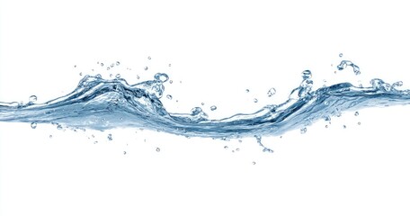 Water waves flowing across a white background.  A horizontal band of water with splashes and ripples