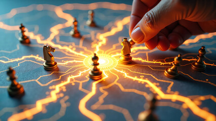 Strategic business concept showing reflective gold pawns at key intersections with human hand reaching to make a move, representing decision-making, leadership, and organizational planning