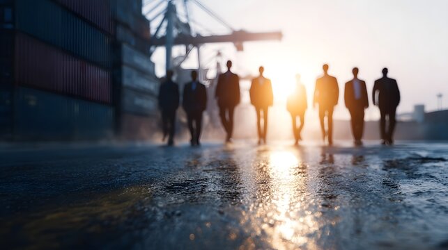 Business delegation visiting a logistics hub during sunset