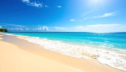 Obraz premium Idyllic tropical beach with pristine white sand and vibrant turquoise water under a clear azure sky