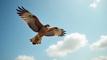 Fototapeta premium A majestic raptor soars through a clear, cloud-filled sky.