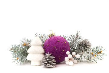 Christmas card with fir branches and Christmas decorations. Copy space