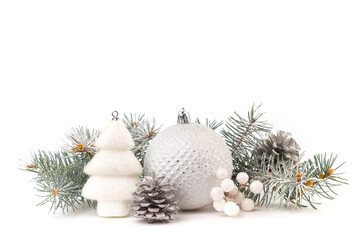 Christmas card with fir branches and Christmas decorations. Copy space