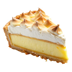 Delicious slice of lemon meringue pie with toasted meringue topping isolated on transparent background