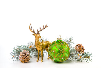 Christmas card with fir branches and Christmas decorations. Copy space